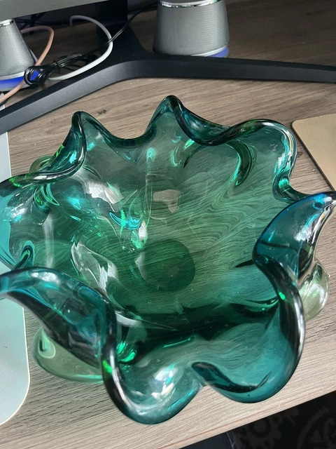 Vintage MCM Aqua Blue Fold Over Glass Bowl Murano Triada Seguso?