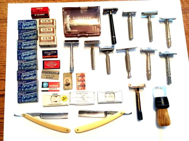 36 Shaving Items-Gillette Safety Razors & Others-Straight Razors-Blades-Brush