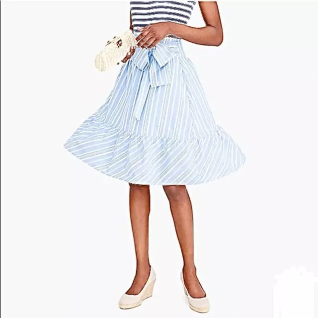 J.Crew L2331 Women's Blue White Striped Big Bow Tie Waist Ruffle Midi Skirt 2