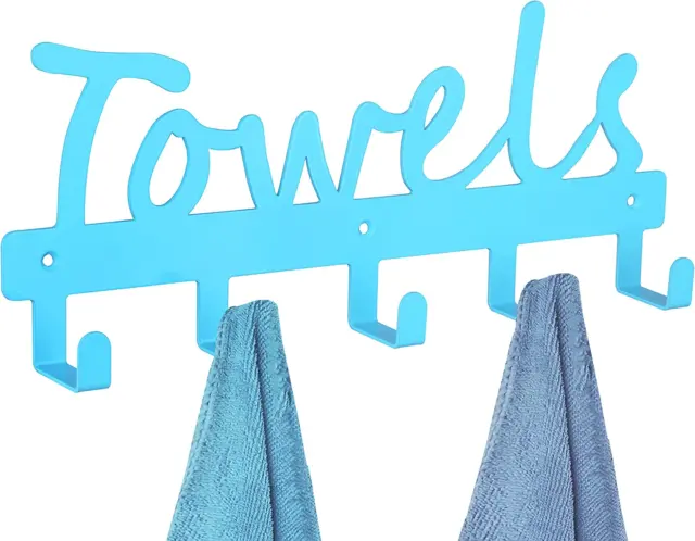Beach Pool Towel Rack 5 Towel Hooks Wall Mount Towel Holder Blue Metal Towel and