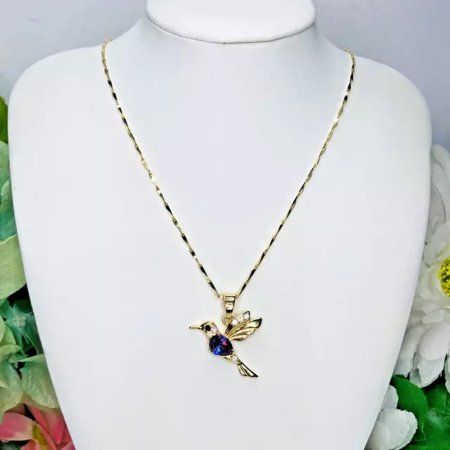 14K GOLD PLATED hummingbird Pendant W/ Amethyst & White Cz Necklace ...