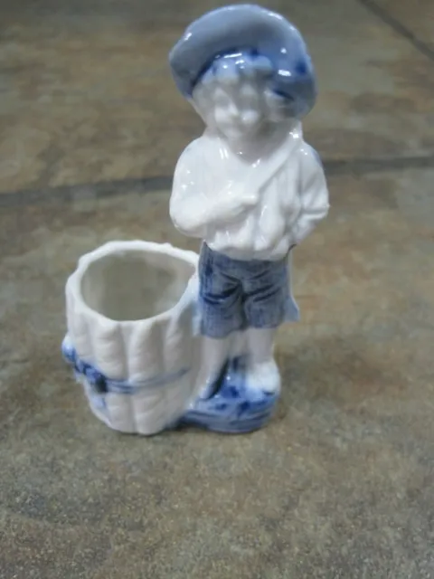 Toothpick Holder ~ Boy In Blue & White With Barrel ~ Porcelain / China  ~ Euc