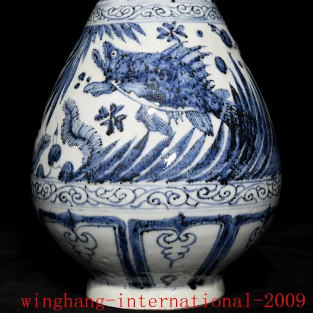 China Antigua Azul y Blanco Pez Porcelana Grano Algas Botella Jarrón Estatua 3