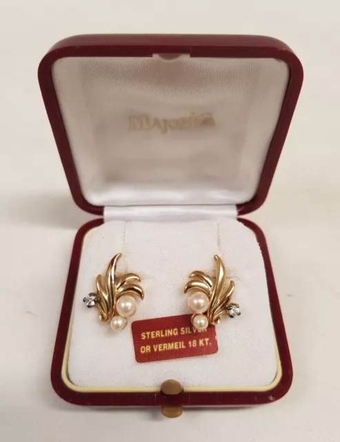 Majorica Earrings 925 Silver 18kt Gold Vermeil Faux Pearl Clear Stone Stud 18mm