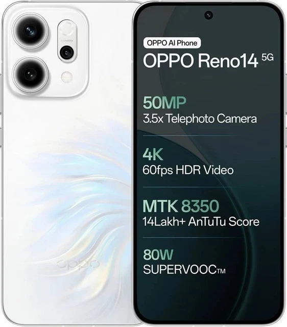 Oppo Reno 74 OPPO RENO 14 5G (Pearl White, 256Go 12Go RAM) Dimensity 8350 NFC 6.59 ...