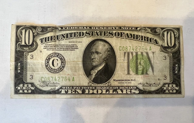 SERIES OF 1934 Ten Dollar Bill $10  Misprint Off Center top to Bottom