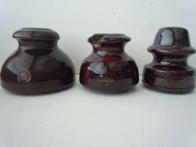 3 - Vintage Brown Ceramic Porcelain Insulators Ohio Brass, Locke, M 237