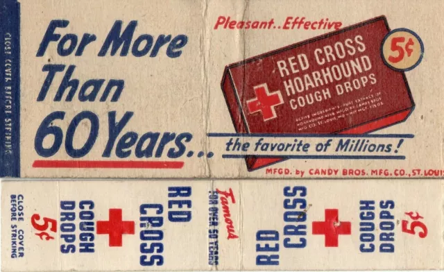 Lot (2) Vintage 1940's Matchbook Covers Red Cross Cough Drops Hoarhound Menthol
