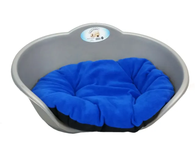 SMALL Plastic SILVER / GREY Pet Bed With BLUE Cushion Dog Cat Sleep Basket