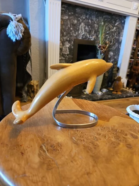 Vintage Hand Carved Wooden Dolphin light wood On Metal Stand 23 Cm Beak To Tail