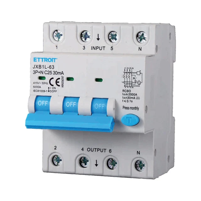 Interruttore Magnetotermico Differenziale Trifase A2ZWORLD – RCBO 4P C63 63A, 300mA Tipo A, 6000A, 4 Moduli DIN, Per Impianti Industriali