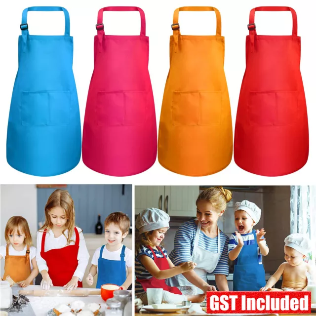 HOT Kids Kitchen Plain Adjustable Pocket Smock Apron Craft Unisex Boys Girls AU