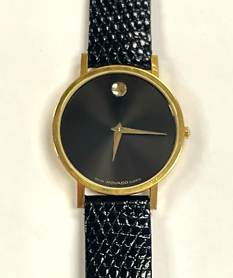 Rare Genuine Movado Museum Black Dial Gold Case Leather Men's Watch 87-45-882