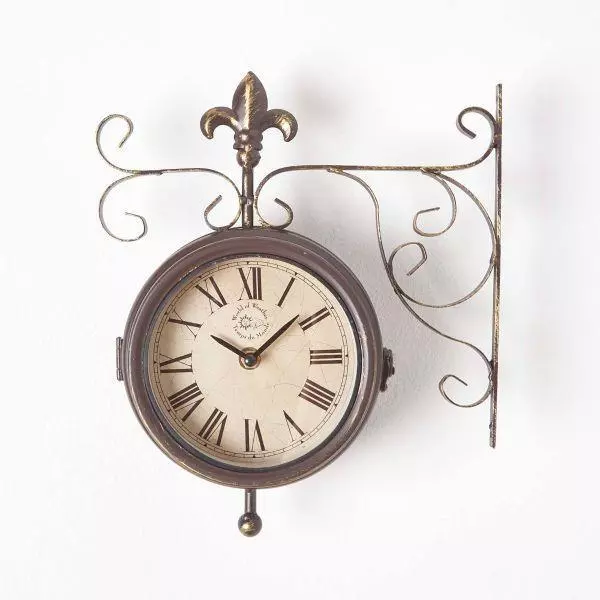 Double Faced Steel Garden Wall Clock & Thermometer on Hanging Bracket