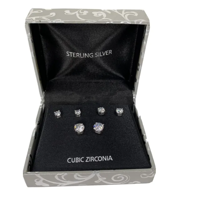 Sterling Silver Cubic Zirconia Pierced Earrings Studs Set Of 3 In Box