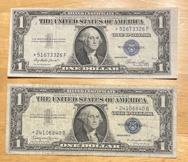 2 Rare Star Notes 1935 E + 1957 B Blue Seal $1 Silver Certificate 2 One Dollars