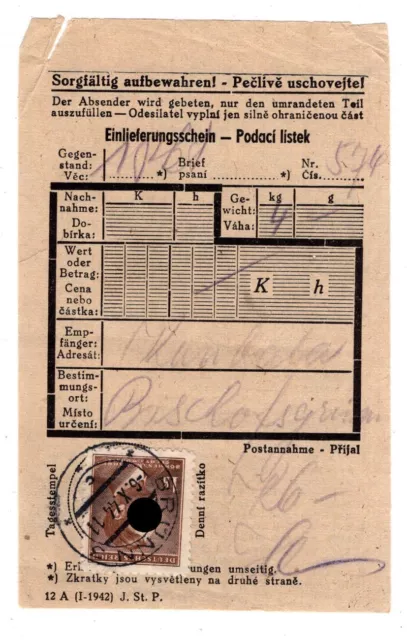 Böhmen 95 als GEBÜHR auf EINSCHREIBEZETTEL (AA3757