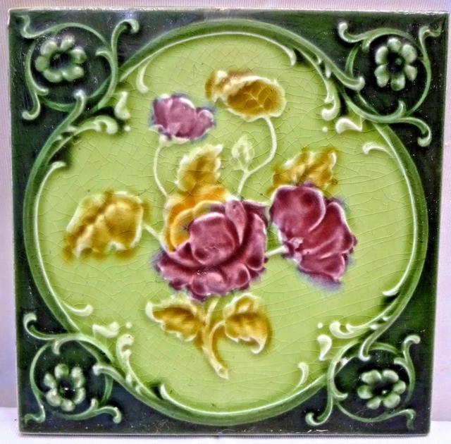 Ancien Carreau Majolique Rose Violet Art Nouveau Angleterre Fleuri Architecture