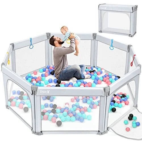 Foldable Playpen, Baby Playpen Foldable 71‘’x71'' Foldable Light Grey