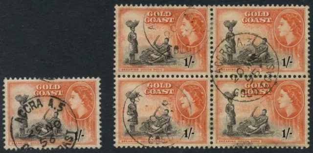 GOLD COAST 1955 ACCRA A3 + A5 POSTMARKS on BLOCK of 4 + SINGLE