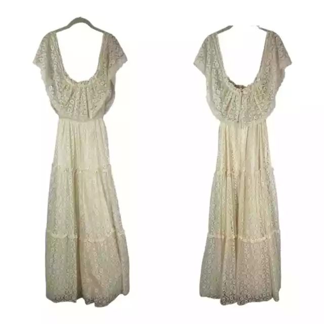 Vintage 70s Candi Jones California cream lace maxi prairie boho tiered dress