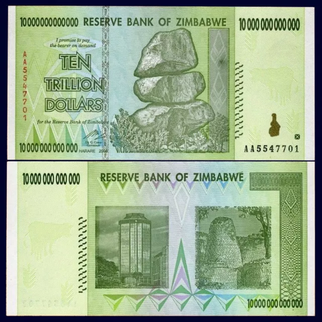 Zimbabwe 10 Trillion Dollars 2008 Banknote Uncirculated AA+ 100 Trillion Series