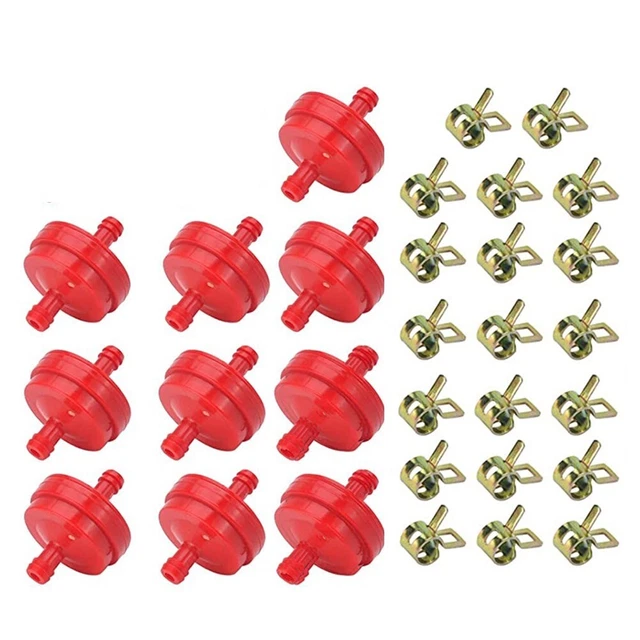 RED INLINE FUEL Filter For Lawn Mower With 20x Hose ClampsClips Fits 1