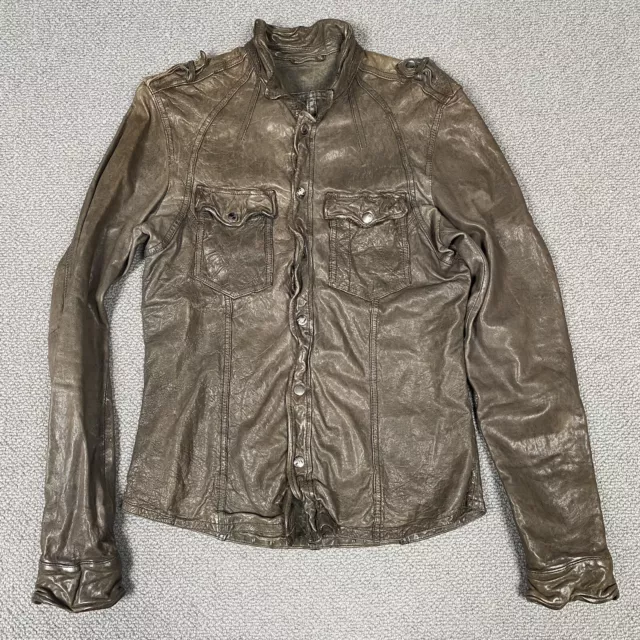 ALL SAINTS Leather Mckay Jacket Shirt Mens Small Brown Button Up Long Sleeve