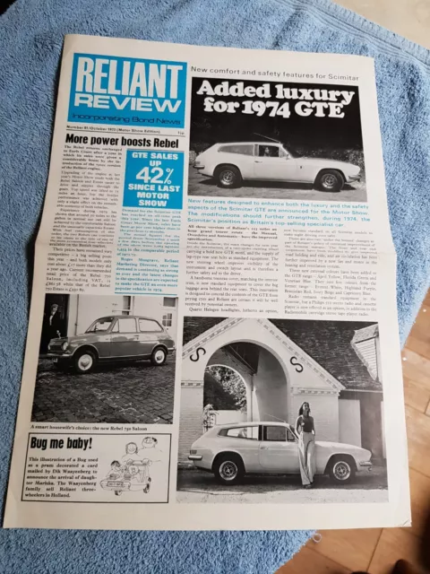 RELIANT REVIEW NEWSPAPER No 61 OCTOBER 1973 Rebel Scimitar GTE Bond Bug Regal