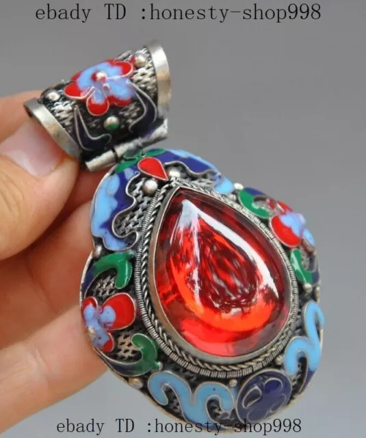 Collect Exquisite tibet silver Cloisonne Enamel Inlay red Gem flower pendant 2