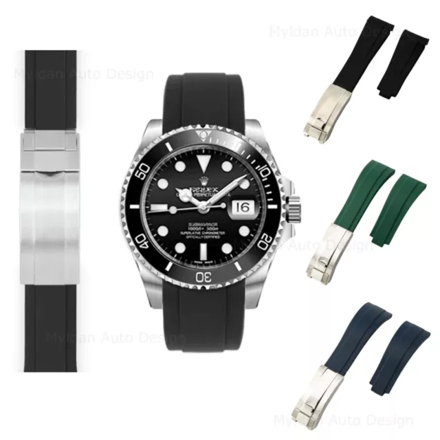 20mm Rubber Oysterflex FLAT Watch Strap Band With Clasp Made For RolexSubmariner