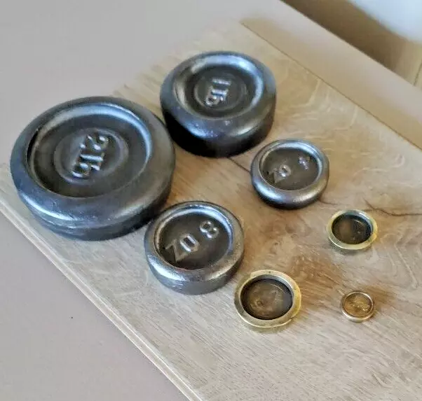 Set of 7 Antique Imperial Cast Iron & Brass Round Weights Kitchen Scale Weights