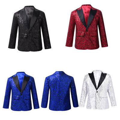 Kids Boys Jacket Coat Tuxedo Sequins Lapel One Button Blazer Wedding Party Suit