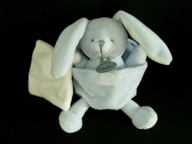 D2 - Doudou Baby Nat Lapin Dans Son Oeuf Bleu Avec Mouchoir Blanc 100 % Neuf