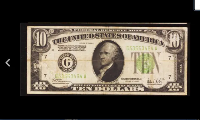 A KEY NOTE  CHICAGO Fr. 2003-G $10 1928C Federal Reserve Note WOODS / MILLS V/F