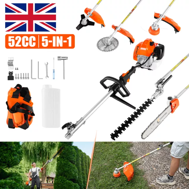 52CC 5 in1 Hedge Trimmer Multi Tool Petrol Strimmer Brush Cutter Garden Chainsaw