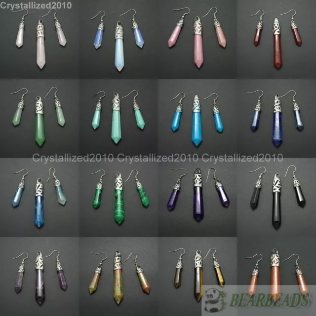 Natural Gemstone Hexagonal Pointed Reiki Chakra Beads Pendant and Earrings Set