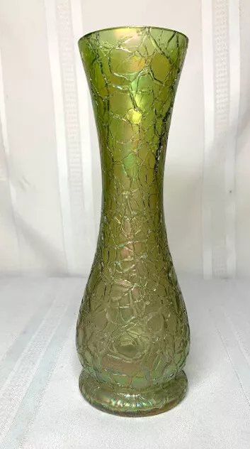 Kralik Green Rough Crackle Glass, Tall Florist Vase, Htf, Great For Flowers~~