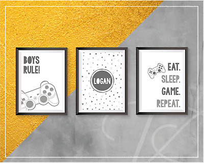 Stampe di gioco-Eat Sleep Gioco Ripetere | Ragazzi Camera Da Letto A4 | GRIGIO | Personalizzata