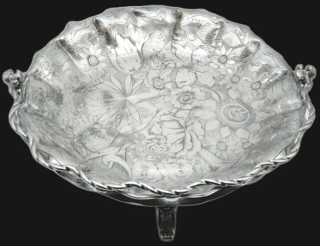 Antique JAMES W. TUFTS Silver Plate Ornate Bride's Basket Tray ETCHED Floral