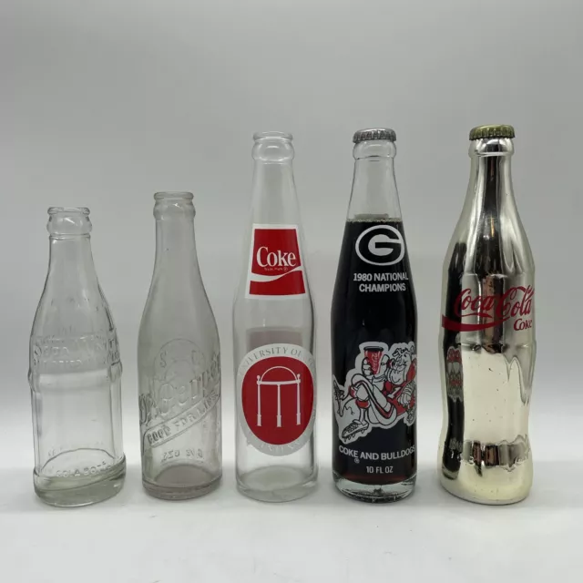 Lot Of 5 Vintage Coca Cola Bottles 1 Dr Pepper 6 Oz UGA 1980 Soda Water Poland