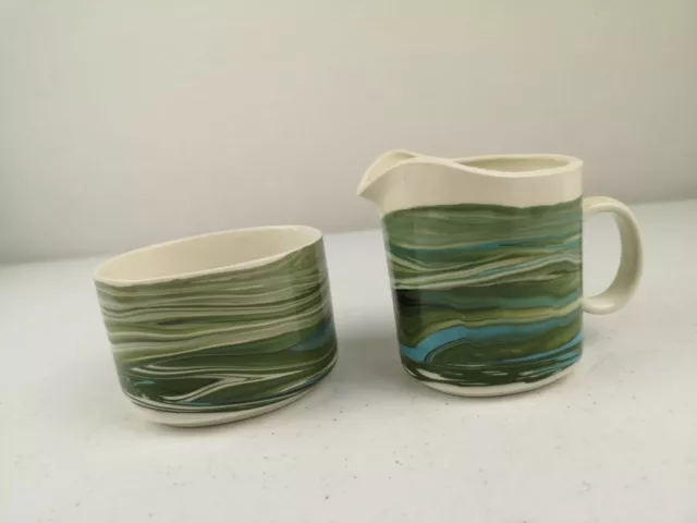 Scotia Ceramics LTD Milk Jug & Sugar Bowl Set Cream Green Blue VGC