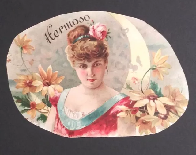 Cigar Advertising Label Trimmed Hermoso Beautiful Girl Flower in her Hair