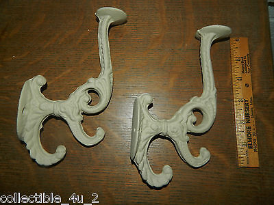 SET/2 "White" Ornate Victorian Style Coat Hat Hooks Cast Iron 7" Long w/3 hooks