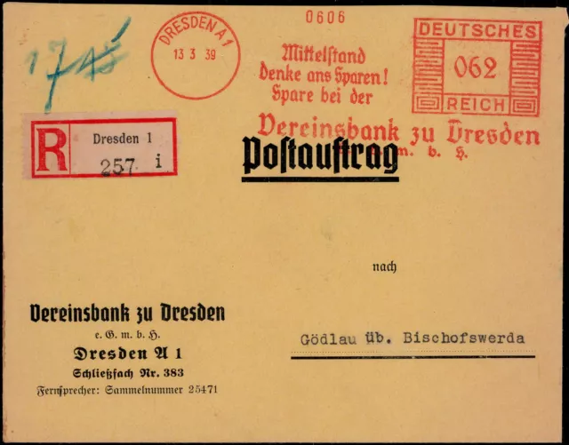 DR; 62 Pf. AFS  "VEREINSBANK DRESDEN" klar auf Reco-Postauftrag 1939 nach Gödlau