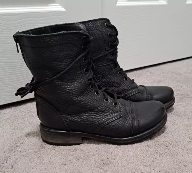 Womens Steve Madden "Fame" Black Leather Combat Boots, Size 7M