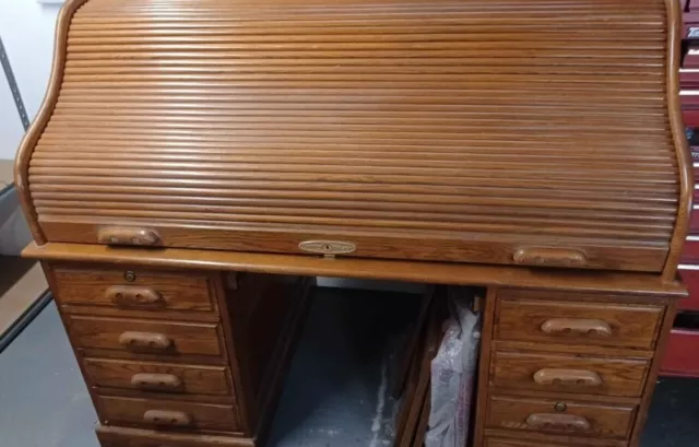 Vintage Solid Oak Roll Top Pedestal Desk, Edwardian Repro, Home Office, Antique.