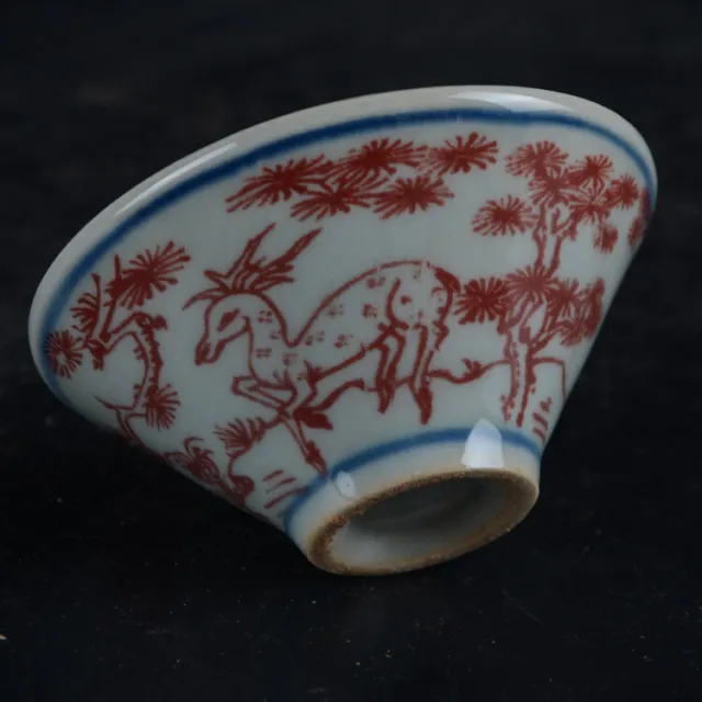 Chinese Blue and White Porcelain Red Glaze Deer Crane Design Teacup Cup 3.2 inch