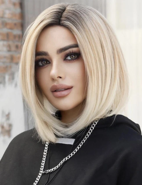 Perruque Synthétique Blonde Dorée Courte Lisse - Coupe Carré - Taille Moyenne Avec 4 Bonnets - Neuf