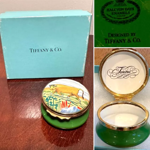 HALCYON DAYS by Tiffany & Co. Taurus Bull Zodiac Hinged Enamel Pill Trinket Box